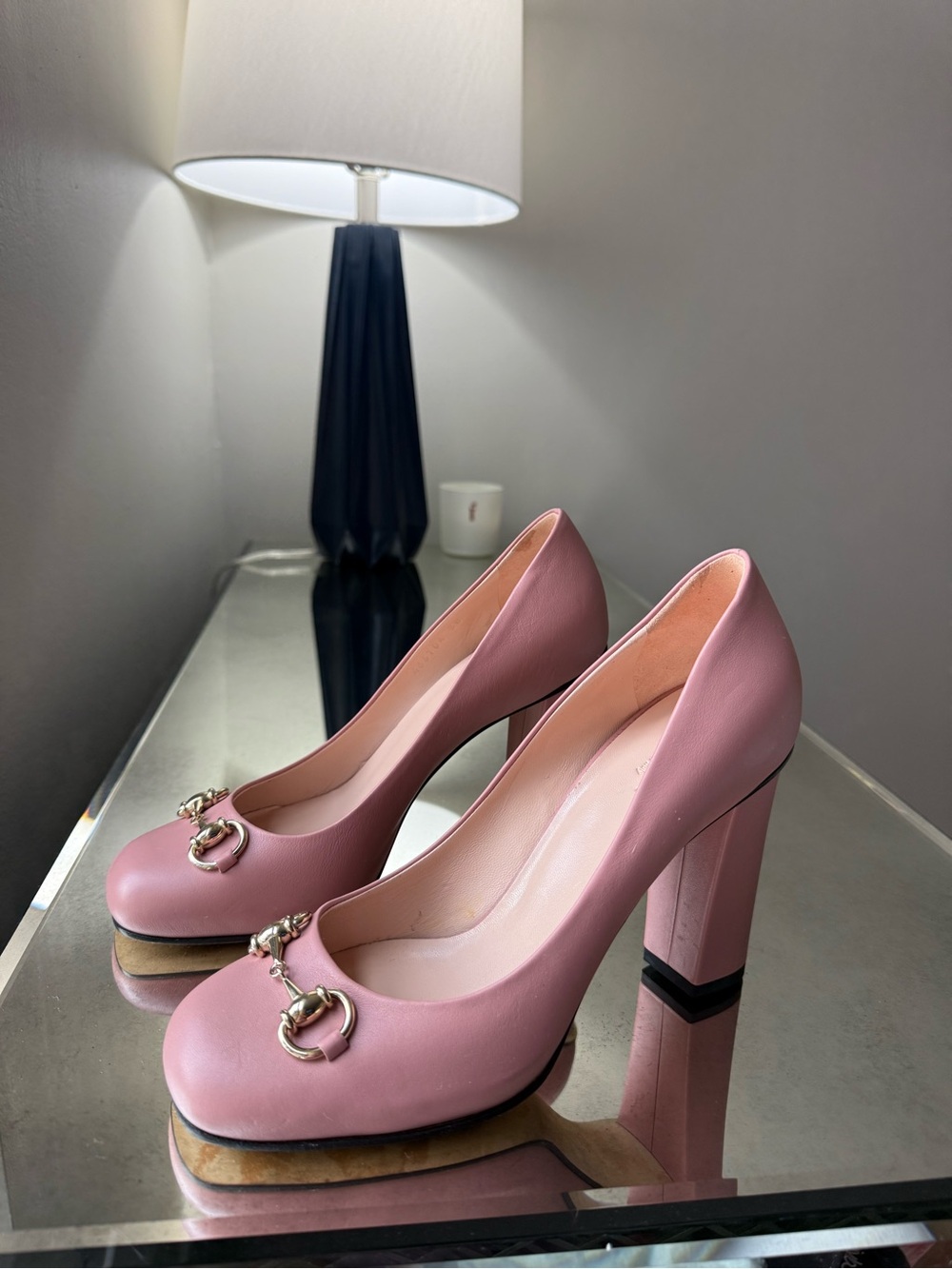 Gucci Pink Leather Block Heel Pumps with Gold Horsebit 7.5 - Picture 7 of 8